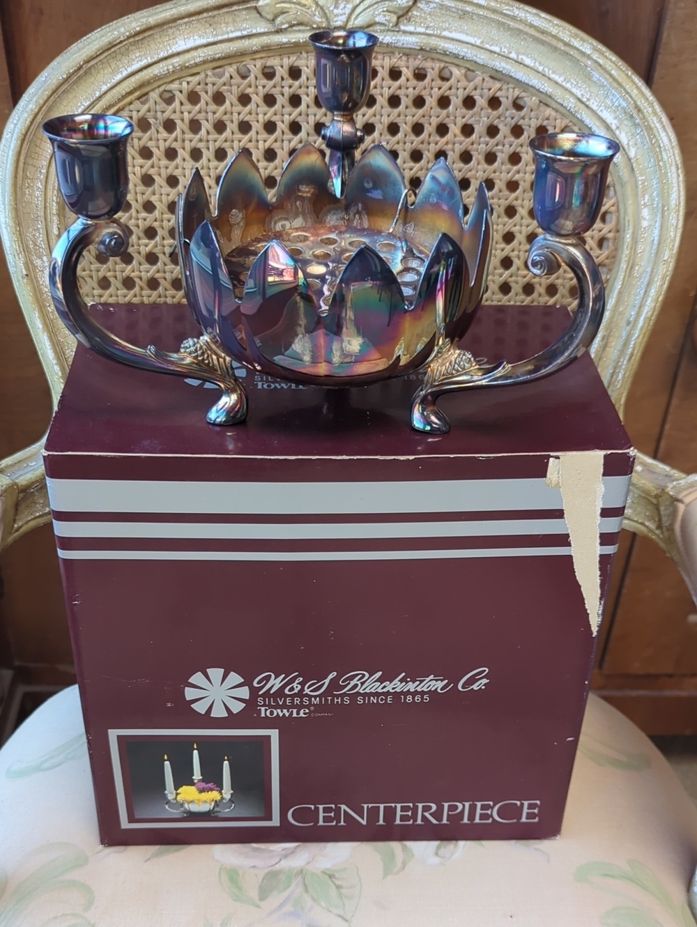 Vintage 80's Towle Silver Plated Lotus Dual-Arm Candlestick Centerpiece